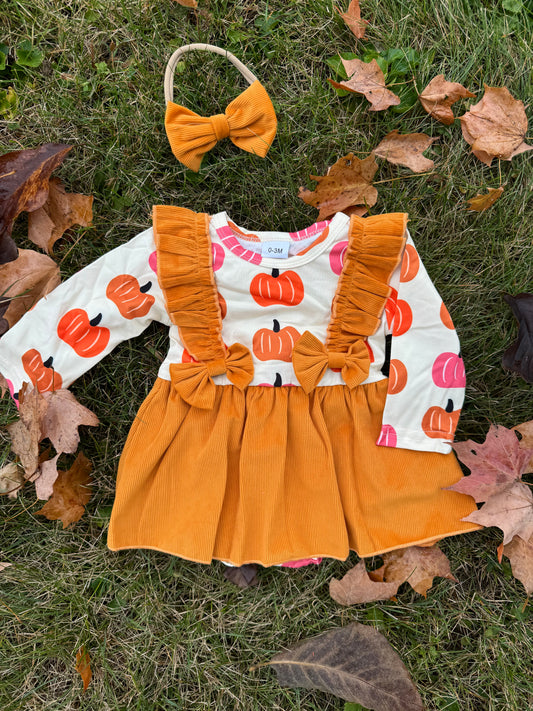 Corduroy Pumpkin Ruffle Romper w/ Bow