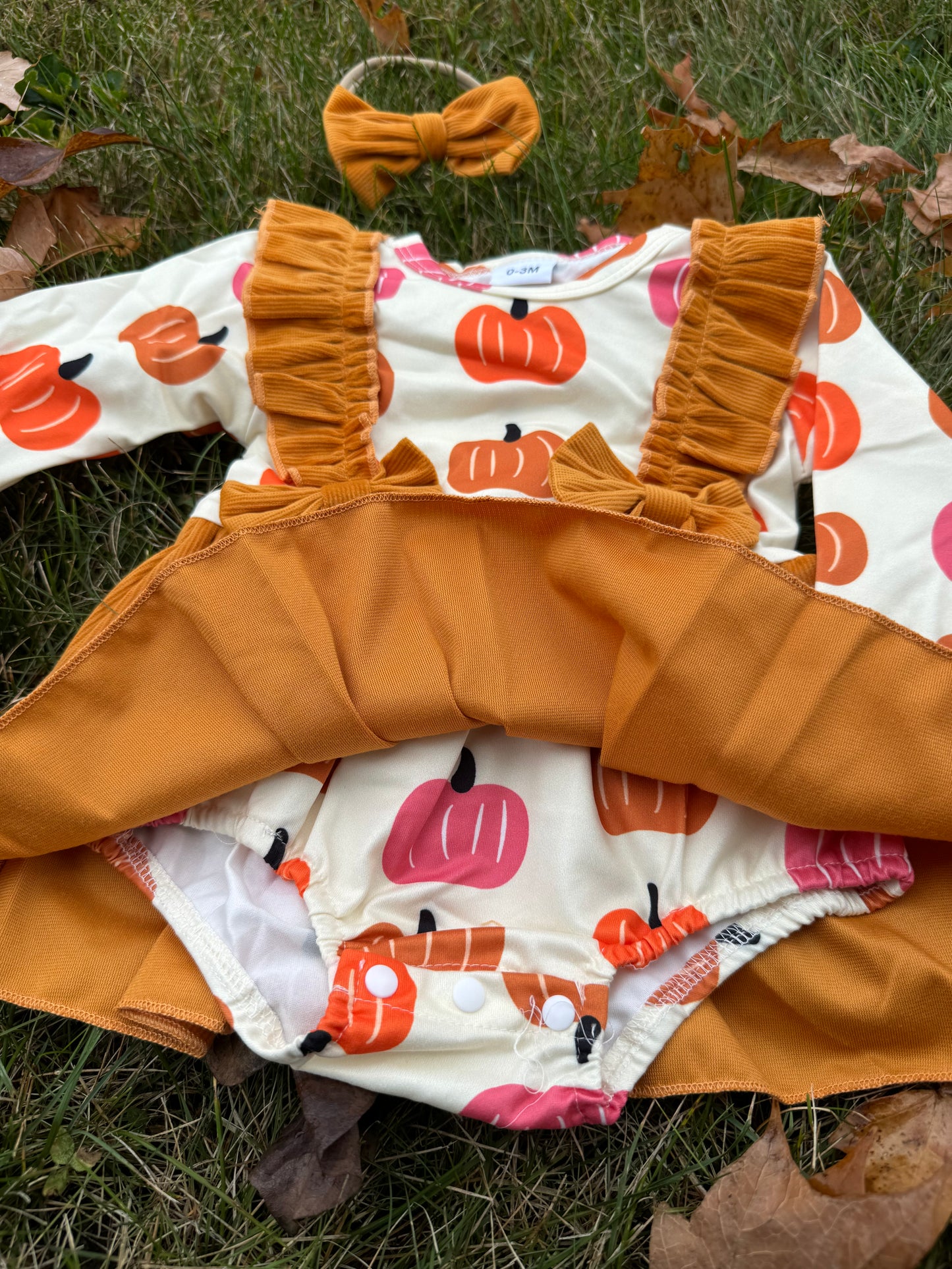 Corduroy Pumpkin Ruffle Romper w/ Bow